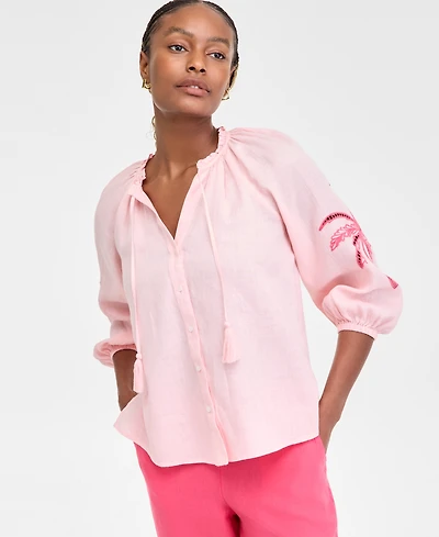 Charter Club Women's Embroidered 100% Linen Top, Exclusively at Macy's