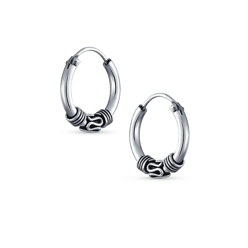 Bling Jewelry Bali Tribal Swirl Hoop Huggie Earrings Oxidized Sterling Silver Multiple Sizes