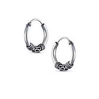 Bling Jewelry Bali Tribal Swirl Hoop Huggie Earrings Oxidized Sterling Silver Multiple Sizes