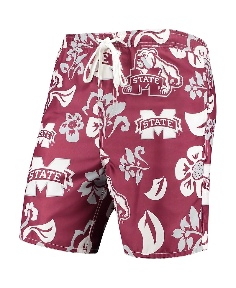 Wes & Willy Men's Maroon Mississippi State Bulldogs Floral Volley Logo Swim Trunks