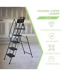 5-Step Foldable Light Weight Wide Anti Slip Pedal and Safety Handle, Sturdy Multi-Purpose Step Ladder with tool bag