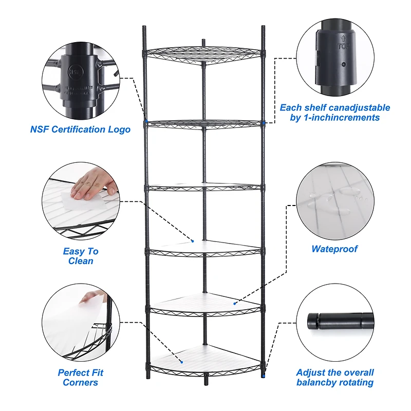 6 Tier Adjustable Metal Heavy Duty Free Standing Corner Storage Display Chrome Rack