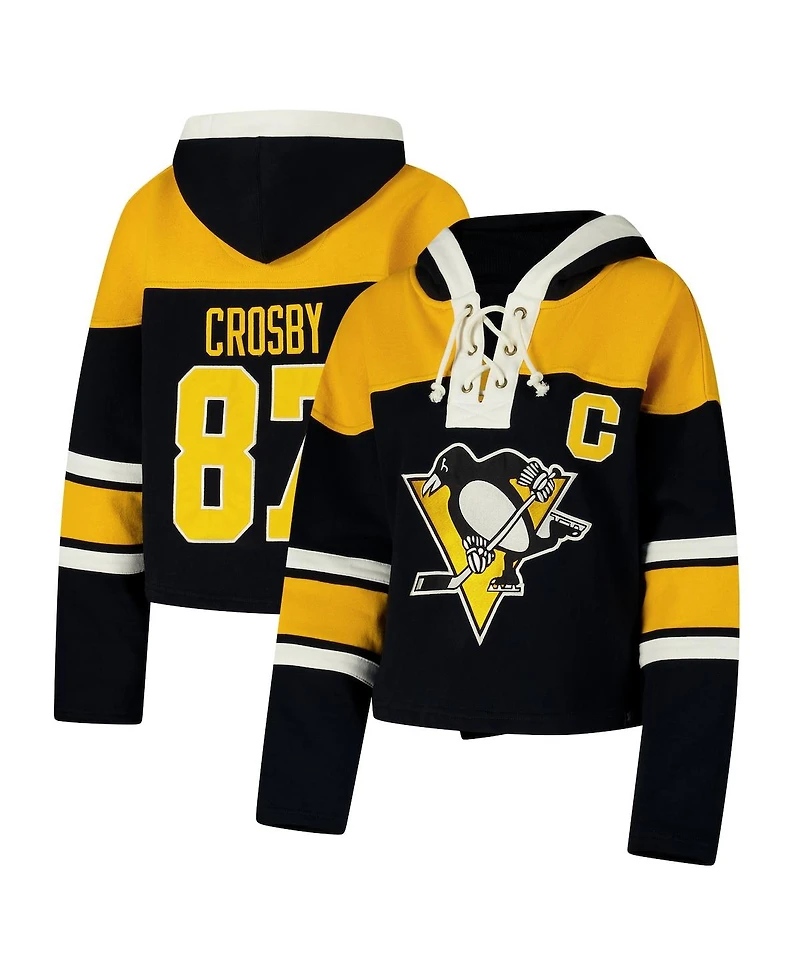 '47 Brand Women's Sidney Crosby Black Pittsburgh Penguins Superior Lacer Cropped Pullover Hoodie