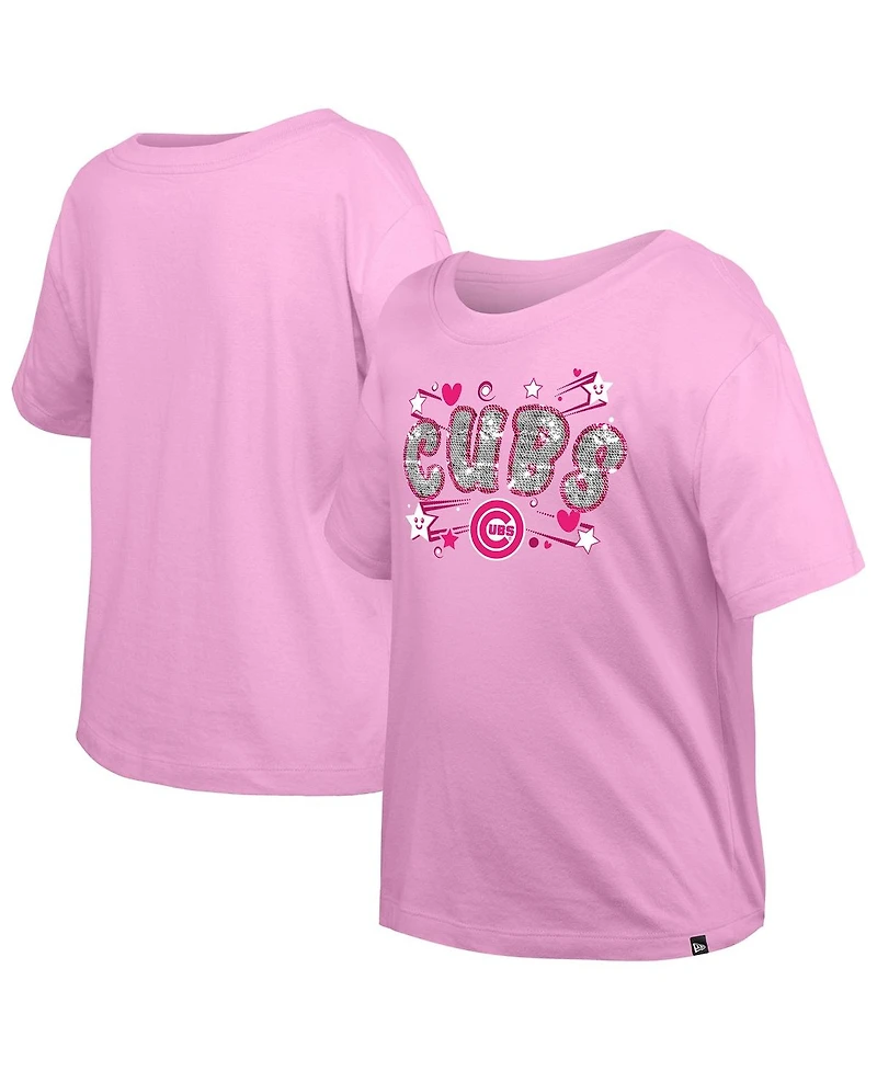 New Era Big Girls Light Pink Chicago Cubs Flip Sequin Team T-Shirt