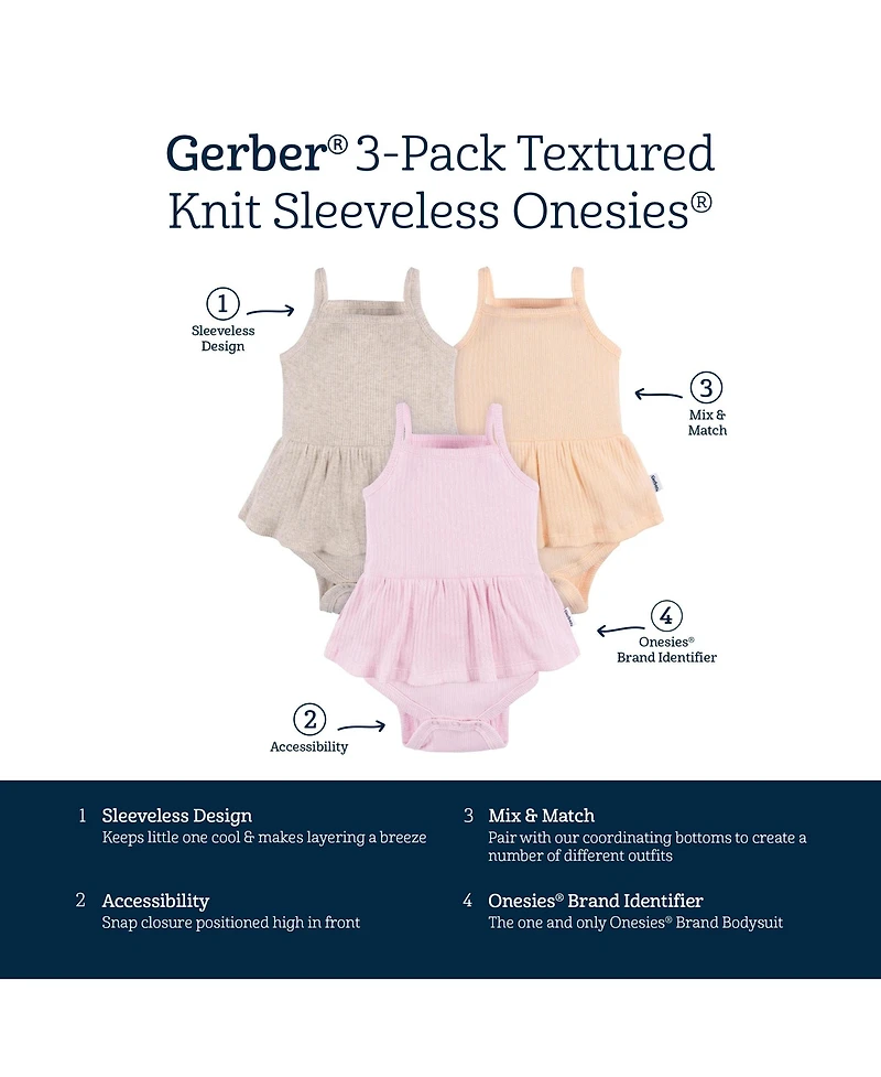 Gerber Baby Girls 3-Pack Sleeveless Skirted Onesies Bodysuits, Antique White, 3-6M