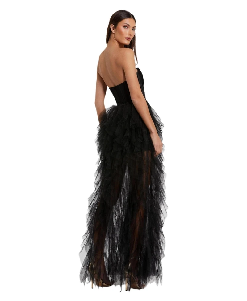Mac Duggal Women's Strapless Bustier Net Gown With Spiral Ruffles