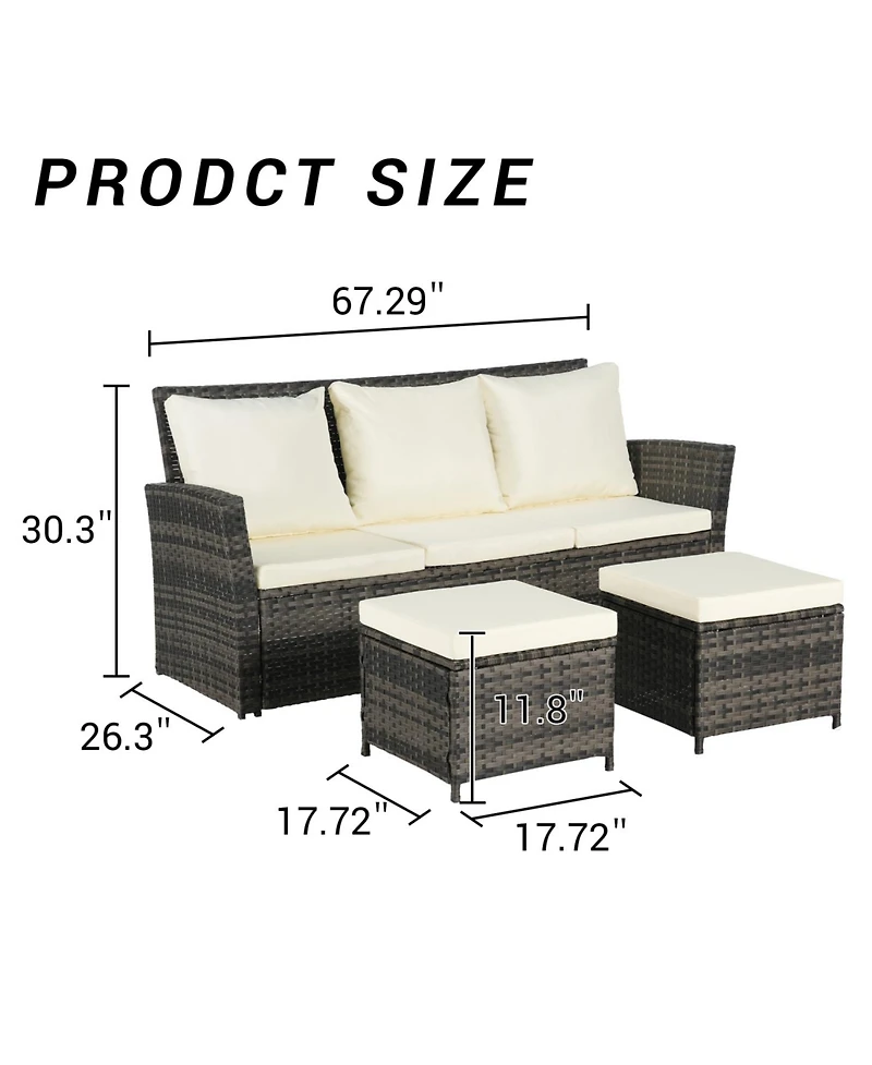 3-Piece Wicker Patio Set, Sofa, Ottomans, All-Weather Rattan