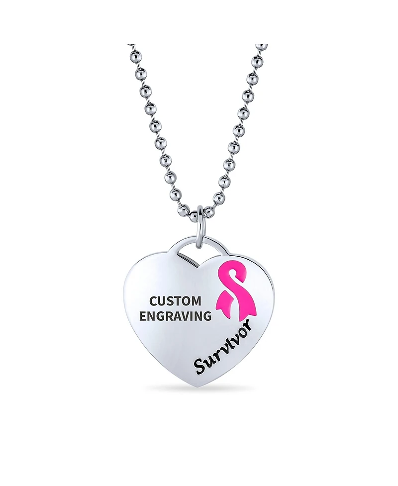 Bling Jewelry Heart Pink Ribbon Breast Cancer Survivor Pendant Necklace Silver Stainless Steel