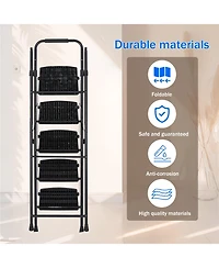 5-Step Steel Folding Step Stool Ladder with Wide Anti Slip Pedal and Safety Handle, Black