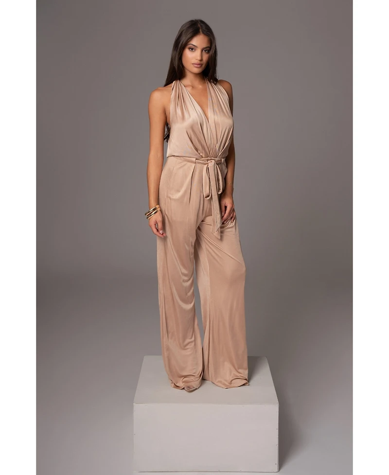 Jluxlabel Women's Slinky Halter Belted Jumpsuit