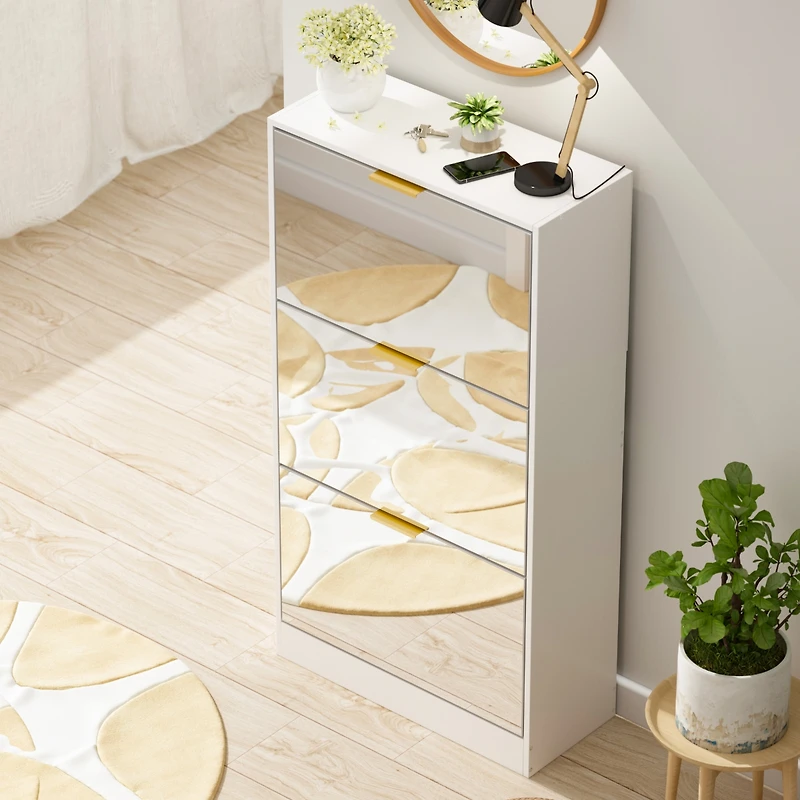 Wooden 3-door natural shoe cabinet,Mirror door panel, multi-purpose shoe rack with metal handles