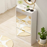 Wooden 3-door natural shoe cabinet,Mirror door panel, multi-purpose shoe rack with metal handles
