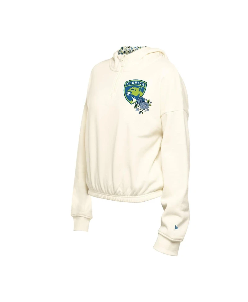 New Era Women's Cream Florida Panthers Glam Game Quarter-Zip Cropped Floral Hoodie Pullover Top