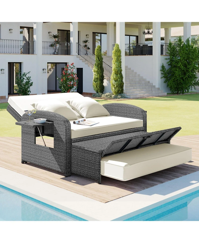 Streamdale Pe Wicker Double Chaise Lounge, Adjustable, White + Cover