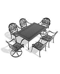 Streamdale 7-Piece Cast Aluminum Dining Set, 2 Swivel, 4 Chairs, Rectangular Table, Black Frame