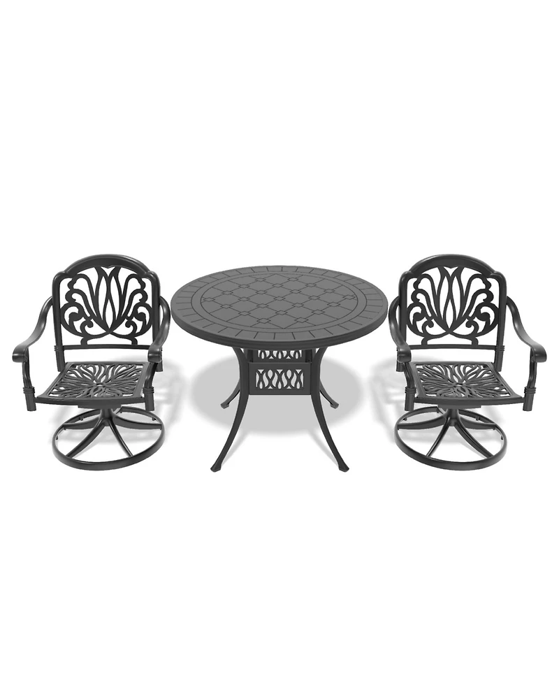 Streamdale 3-pc Cast Aluminum Dining Set, 2 Swivel Chairs, 39" Round Table, Black Frame