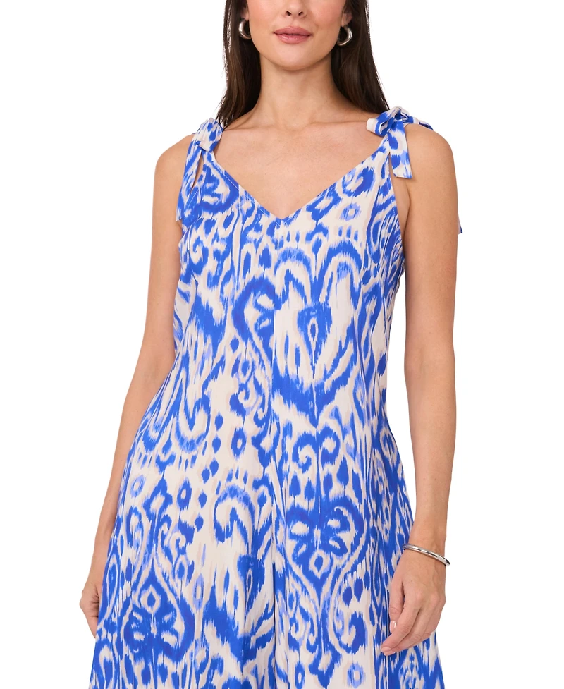 Vince Camuto Women's Printed V-Neck Sleeveless Tie-Shoulder Angled-Hem Jumpsuit