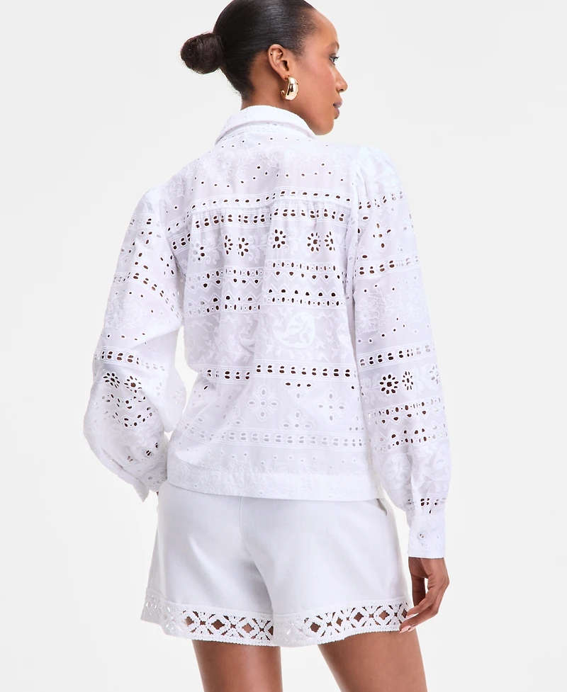 I.n.c. International Concepts Women's Cotton Eyelet Blouson-Sleeve Blouse, Exclusively at Macy's