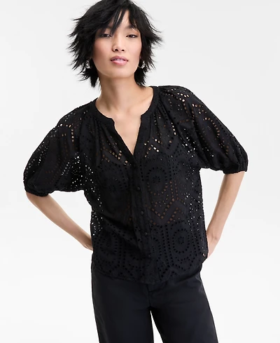 I.n.c. International Concepts Women's Cotton Eyelet Puff-Sleeve Blouse, Exclusively at Macy's