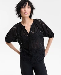 I.n.c. International Concepts Women's Cotton Eyelet Puff-Sleeve Blouse, Exclusively at Macy's