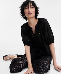 I.n.c. International Concepts Women's Cotton Eyelet Puff-Sleeve Blouse, Exclusively at Macy's