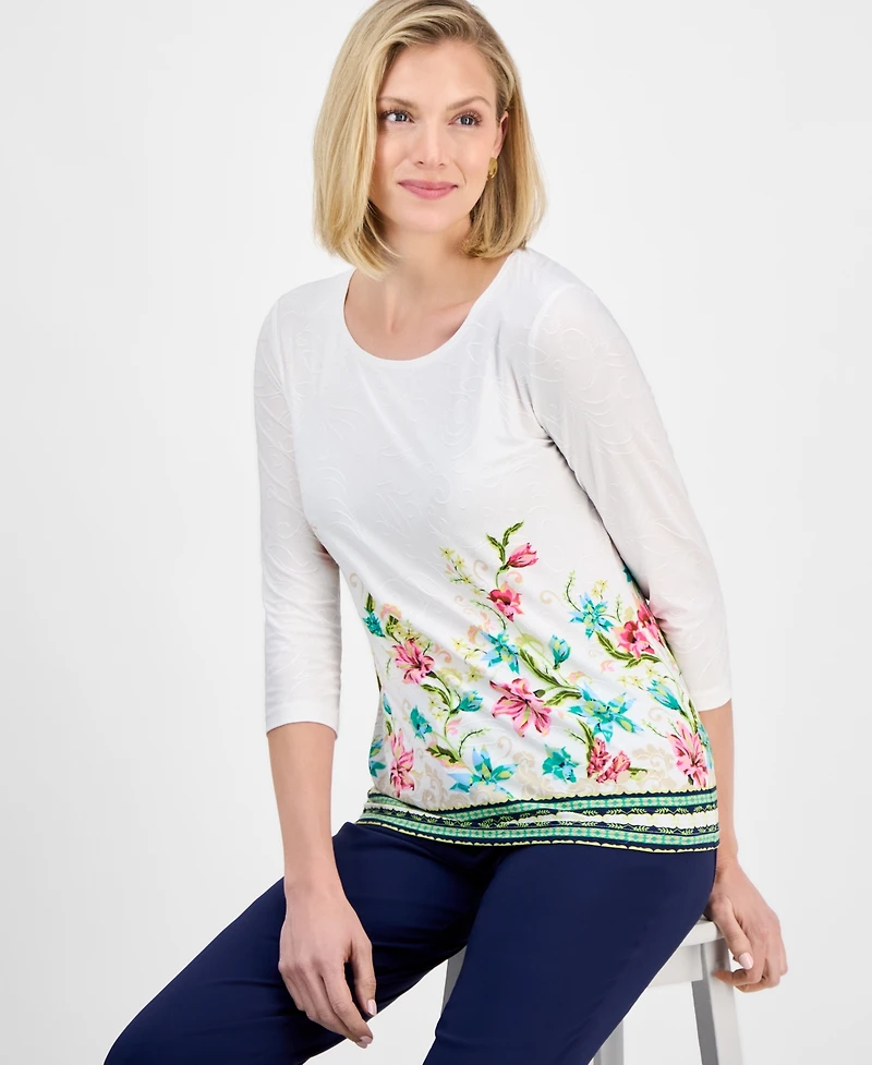Jm Collection Women's Printed Jacquard 3/4-Sleeve Top, Exclusively at Macy's
