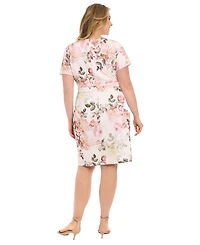 London Times Plus Size Floral-Print Tie-Neck Sheath Dress