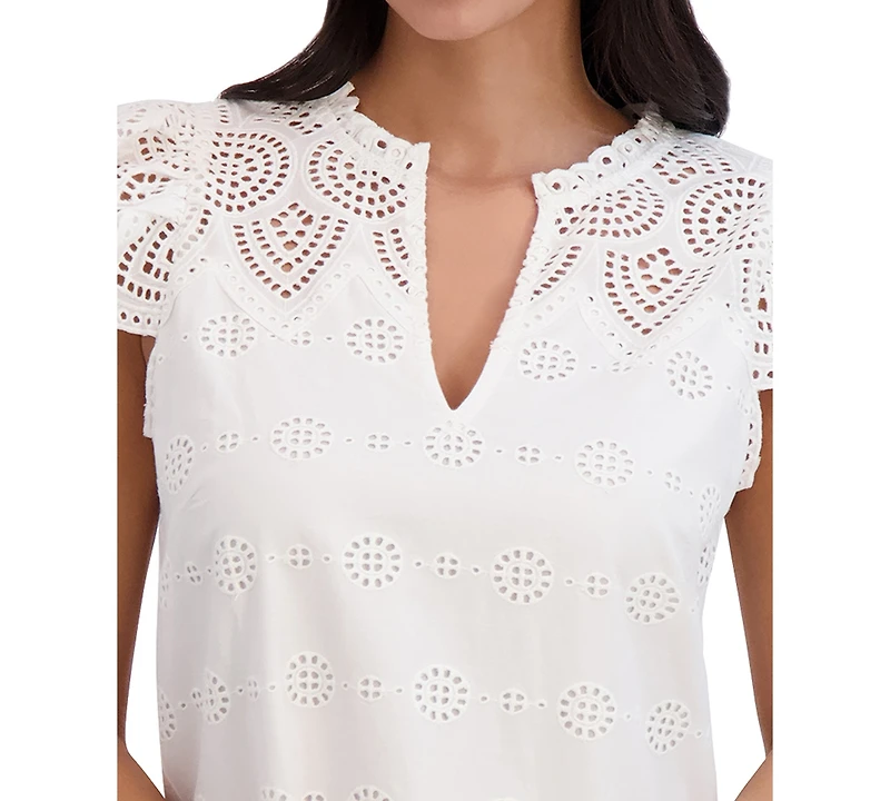 London Times Petite Cotton Eyelet-Embroidered Mini Dress