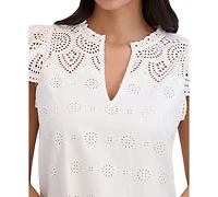 London Times Petite Cotton Eyelet-Embroidered Mini Dress