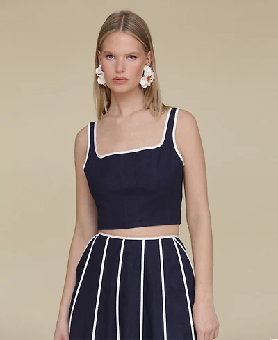 Avec Les Filles Women's Contrast-Trim Linen-Blend Crop Top
