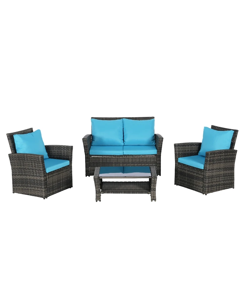 4-Piece Outdoor Patio Furniture Set, Rattan Chairs, Glass Table