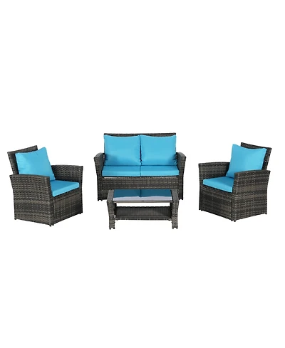 4-Piece Outdoor Patio Furniture Set, Rattan Chairs, Glass Table