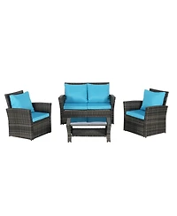 4-Piece Outdoor Patio Furniture Set, Rattan Chairs, Glass Table