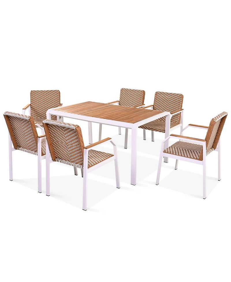 7pc Patio Dining Set, Wicker chairs, acacia tabletop, brown rattan