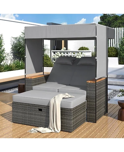 Streamdale 2-Piece Outdoor Rattan Daybed, Loveseat Sofa with Bench, Lounge Roof, Cushions (Grey)