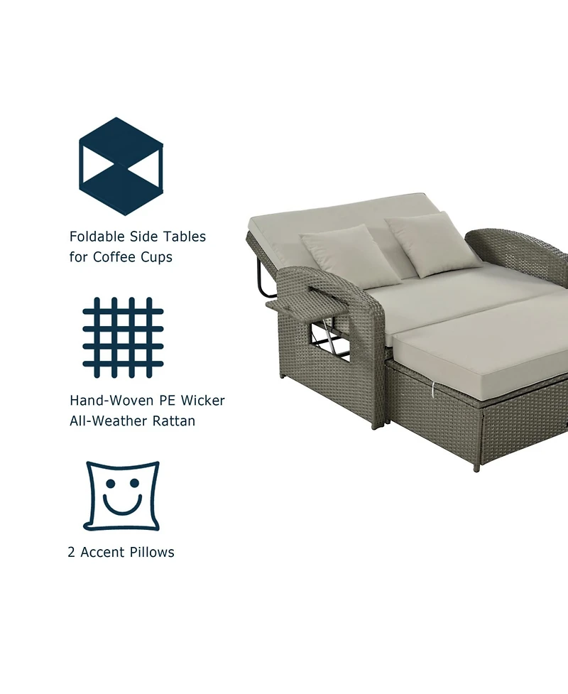 Streamdale Pe Wicker Double Chaise Lounge, Reclining, Cushions, Cover, Gray