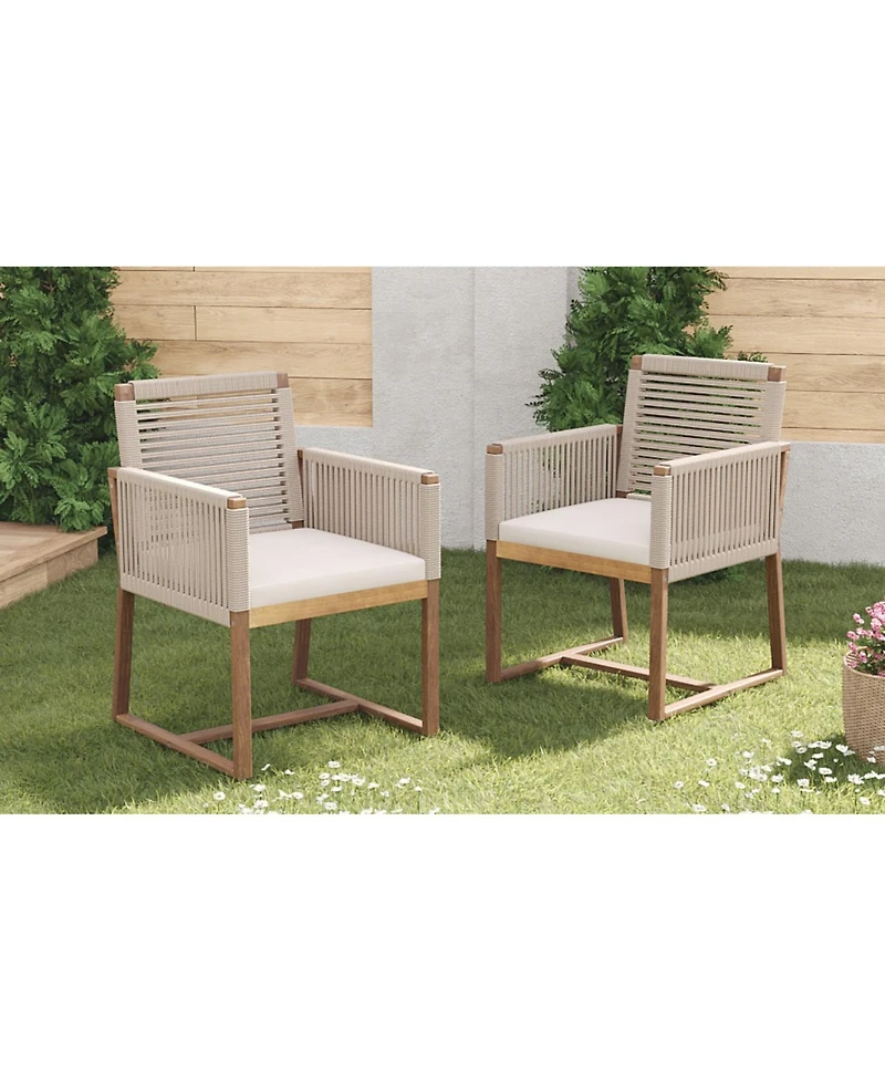 Acacia Patio Chairs (Set of 2), Rope Back, Cushions, Light Brown