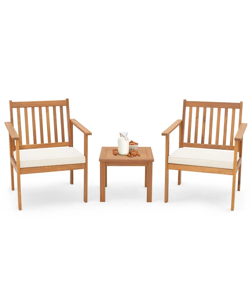 3 Pcs Patio Wood Furniture Set Acacia Wood Chairs & Coffee Table with soft Cushions