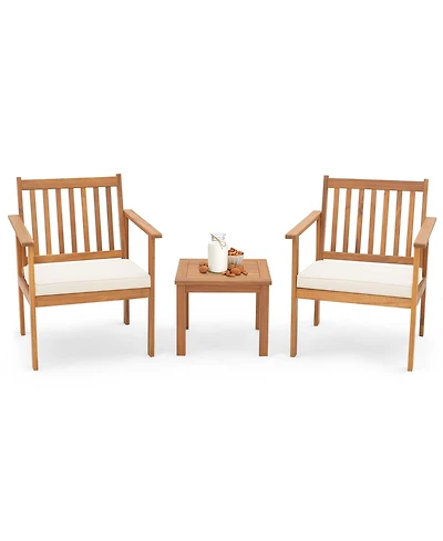 3 Pcs Patio Wood Furniture Set Acacia Wood Chairs & Coffee Table with soft Cushions