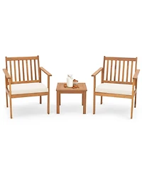 3 Pcs Patio Wood Furniture Set Acacia Wood Chairs & Coffee Table with soft Cushions