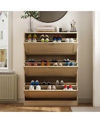 Wooden 3-door yellow shoe cabinet, multifunctional shoe rack with adjustable shelves, rattan drawers