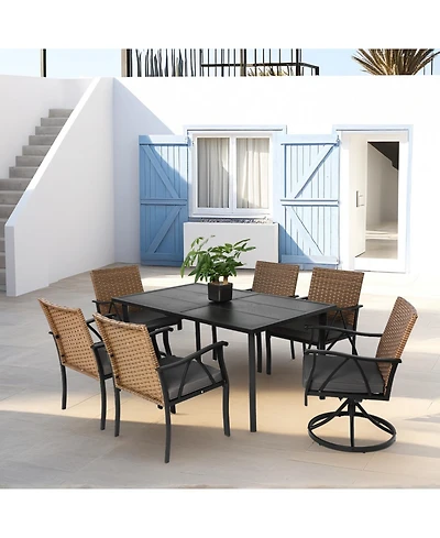 Streamdale 7pc Patio Dining Set, Wicker, Swivel Rockers, Cushions, Table
