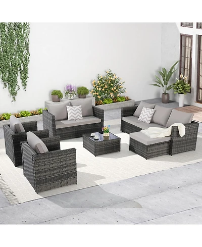 6-Piece Outdoor Wicker Patio Conversation Set w/ Cushions & Glass Table