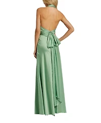 Mac Duggal Women's Ruched Halter Neck Tie Back Satin Gown