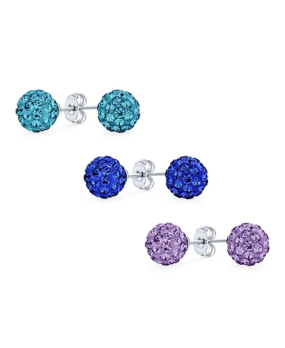Bling Jewelry Set of 3 Elegant Round 8MM Glittering Pave Crystal Disco Ball Stud Earrings .925 Sterling Silver