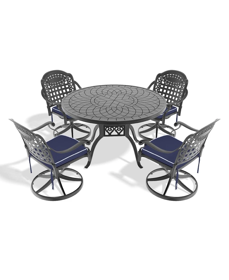 Streamdale 5-Pc Cast Aluminum Dining Set, 4 Swivel Chairs, 47" Round Table