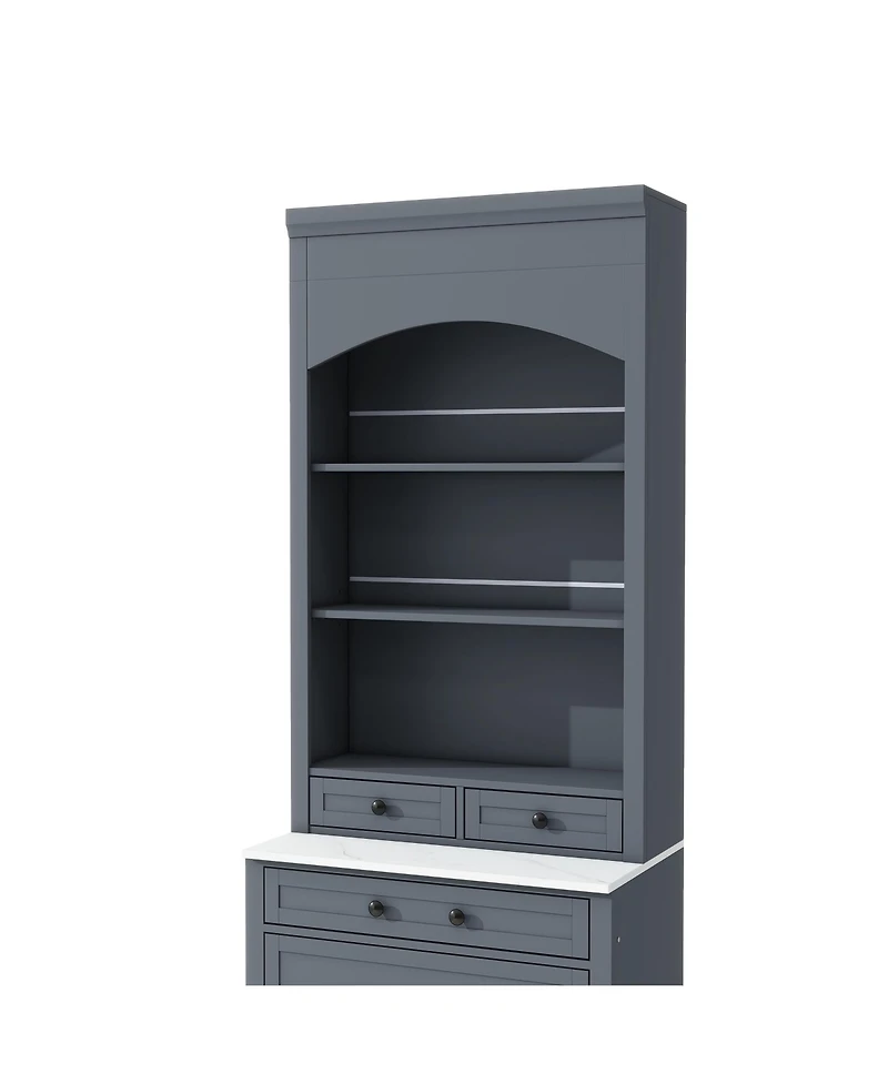 Streamdale 83" Freestanding Kitchen Pantry with Faux Marble Top & 5 Drawers, Gray