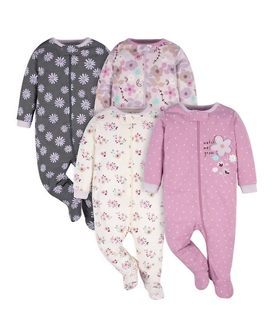 Gerber Baby Girls Sleep N' Play Pajamas, 4-pack