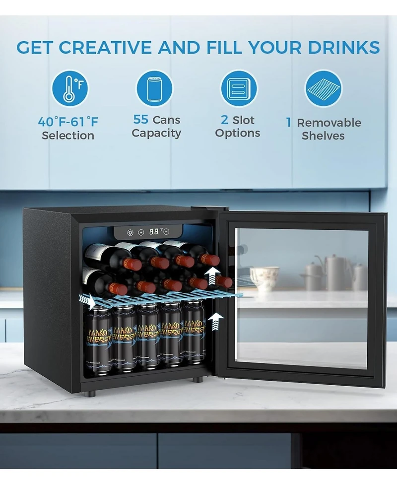 Cowsar 1.3 cu.ft 12 Bottle 48 Can Wine Cooler/Mini Fridge/Beverage Refrigerator Countertop Clear Glass Door for Beer&Soda