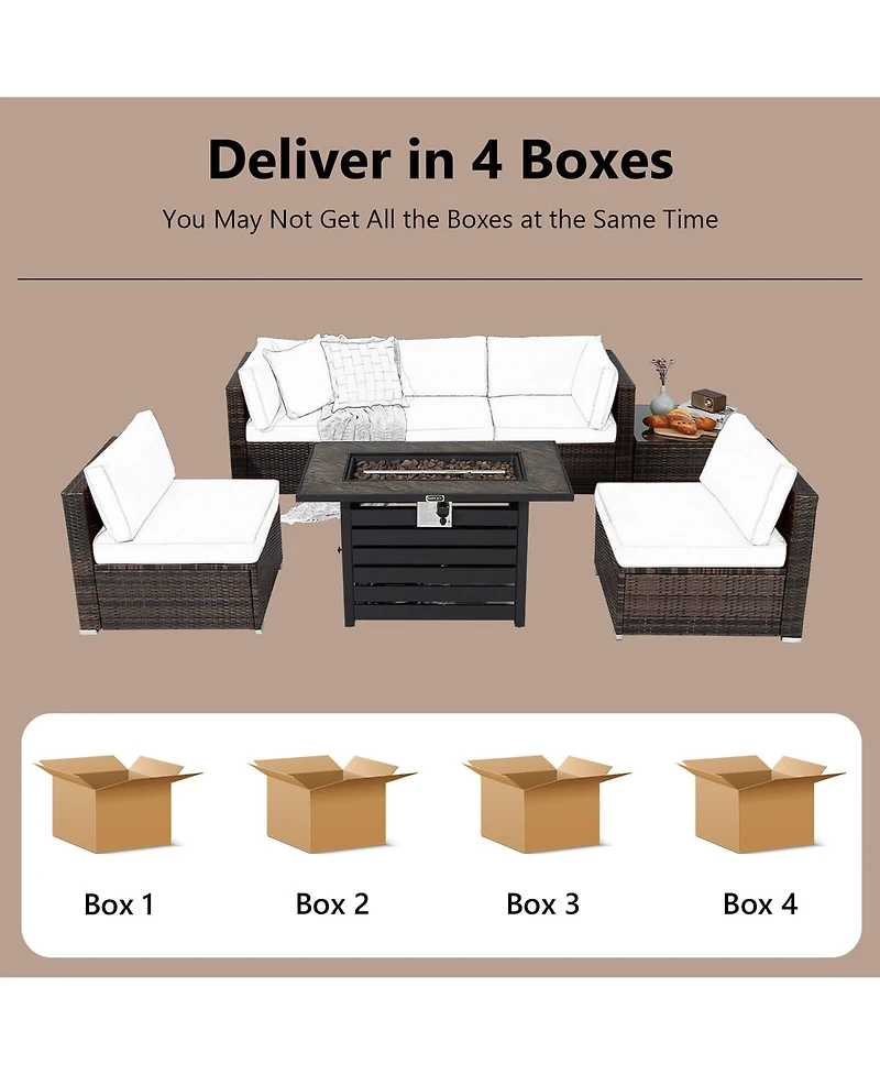 Gymax 7PCS Patio Rattan Furniture Set 42'' Fire Pit Table w/ Cover Cushioned